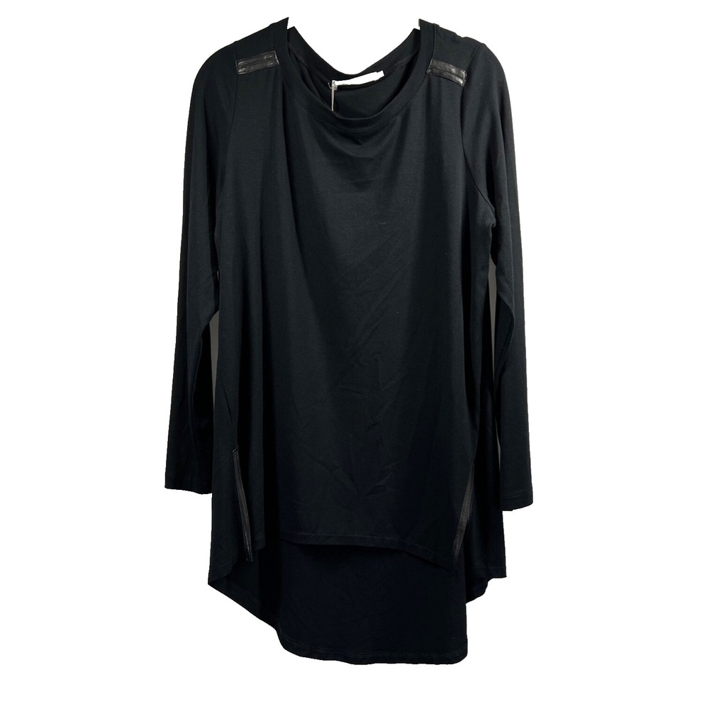 Elaine Kim Leather Trim Tunic‎ Top Sz L Gothic Black Tunic Long Sleeve Hi/Lo Hem